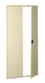 Cream-colored metal door slightly ajar, with a black handle on the right side, set against a plain white background. The door is shown in a straightforward, minimalist style.