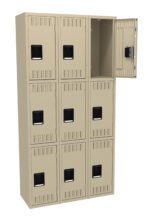 A beige locker unit consisting of nine compartments arranged in a 3x3 grid. The top right locker door is open, revealing an empty interior. Each locker features a black handle and vented slots on the door.