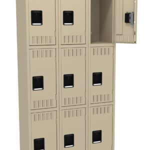 A beige locker unit consisting of nine compartments arranged in a 3x3 grid. The top right locker door is open, revealing an empty interior. Each locker features a black handle and vented slots on the door.