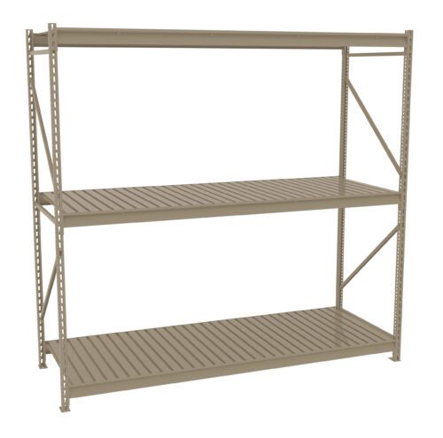 Metal storage rack with three beige shelves and a sturdy, open-frame design. The frame has vertical support beams with diagonal cross-bracing for stability. The shelves feature a slatted design, suitable for industrial or garage use.