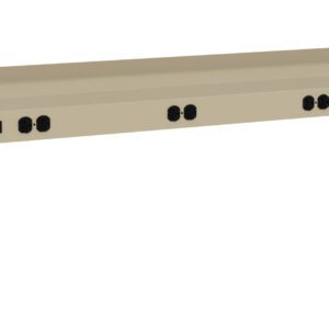 A beige power strip with multiple black outlets and a switch, designed for mounting. Its long, rectangular shape features a flat top and angled edges on both sides, with a main power switch on the left side.