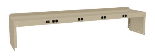 ykiioslqnpuwhq7ufksq.jpg A beige power strip with multiple black outlets and a switch, designed for mounting. Its long, rectangular shape features a flat top and angled edges on both sides, with a main power switch on the left side.