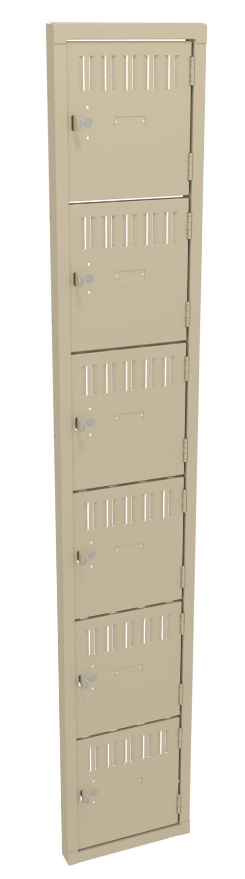 ykjx8kahbiuthkmwphc9.jpg A tall, beige metal locker with six compartments, each featuring a small handle and ventilation slots. The locker doors are aligned vertically in a single column.