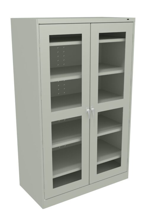 ykjyime4zhnlnjp4gpwj.jpg A gray metal storage cabinet with glass pane double doors revealing multiple shelves inside. The cabinet has two handles and is slightly angled to show its depth and design.