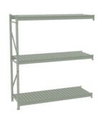 A three-tiered, light green metal shelving unit with evenly spaced slatted shelves, viewed from an angle. The shelves are supported by metal frames on the left side.