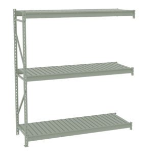 A three-tiered, light green metal shelving unit with evenly spaced slatted shelves, viewed from an angle. The shelves are supported by metal frames on the left side.