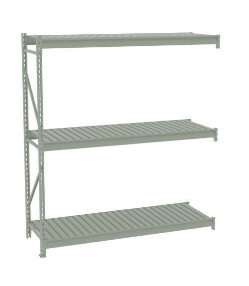 A three-tiered, light green metal shelving unit with evenly spaced slatted shelves, viewed from an angle. The shelves are supported by metal frames on the left side.