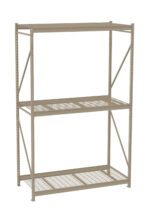 A beige, metal shelving unit with three tiers. The top and middle shelves are solid, while the bottom shelf has a grid design. It features support beams on the sides and back for added stability.