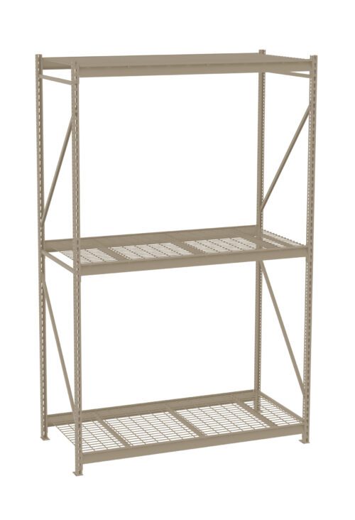 A beige, metal shelving unit with three tiers. The top and middle shelves are solid, while the bottom shelf has a grid design. It features support beams on the sides and back for added stability.
