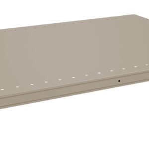 A beige, rectangular metal shelf with holes along the edges and hooks at each corner for mounting. The shelf is viewed from a low angle, highlighting its flat surface and sturdy structure.