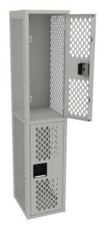 A gray metal locker with two compartments, featuring perforated lattice doors. The top compartment door is open, showing the empty interior. The lower compartment door is closed. The locker has a square lock mechanism on each door.