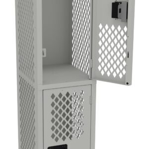 A gray metal locker with two compartments, featuring perforated lattice doors. The top compartment door is open, showing the empty interior. The lower compartment door is closed. The locker has a square lock mechanism on each door.