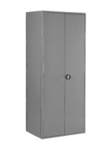 A tall, gray metal storage cabinet with two closed doors and a round lock in the center. The cabinet has a smooth finish and is shown against a plain white background.