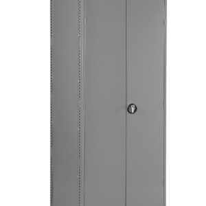 A tall, gray metal storage cabinet with two closed doors and a round lock in the center. The cabinet has a smooth finish and is shown against a plain white background.