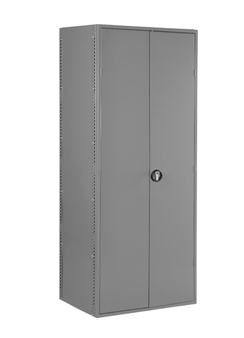 A tall, gray metal storage cabinet with two closed doors and a round lock in the center. The cabinet has a smooth finish and is shown against a plain white background.