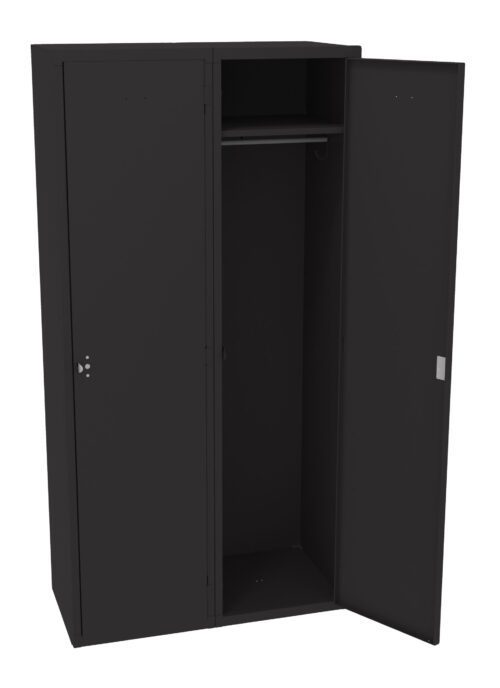 ymfgjgw8smomn68t26bs.jpg A black, metal storage cabinet with two doors, one partially open. The interior features a hanging rod for clothes. The cabinets simple design and solid construction are visible.