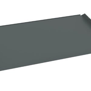 A flat, rectangular metal sheet with slightly raised edges, positioned against a plain white background. The sheet is gray and has small protrusions at each corner.