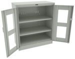 A metal storage cabinet with two open doors and three shelves inside. The doors have transparent windows, and the cabinet has a light gray color. The interior is empty, and the cabinet appears sturdy and functional.