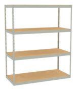 Four-tier metal shelving unit with particle board shelves. The frame is light gray and the shelves are wooden brown. The unit is against a plain white background.