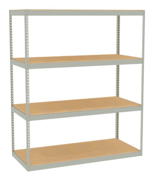 Four-tier metal shelving unit with particle board shelves. The frame is light gray and the shelves are wooden brown. The unit is against a plain white background.