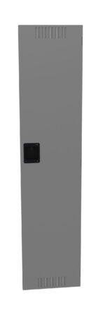 A tall, rectangular gray metal locker with a black handle and small vents near the top and bottom. The locker is closed and stands vertically against a plain white background.