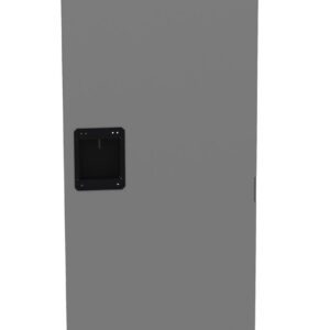 A tall, rectangular gray metal locker with a black handle and small vents near the top and bottom. The locker is closed and stands vertically against a plain white background.