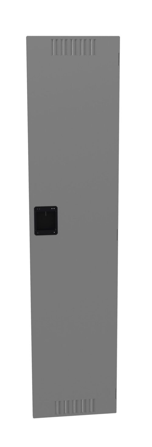 A tall, rectangular gray metal locker with a black handle and small vents near the top and bottom. The locker is closed and stands vertically against a plain white background.