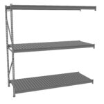 A three-tier gray metal shelving unit with slatted shelves and a plain, industrial design. The shelves are evenly spaced and secured by vertical supports, suitable for garage or warehouse storage.
