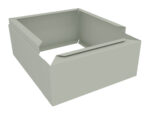 A 3D rendering of a square, open-top, gray-green box with four raised sides and a folded design.