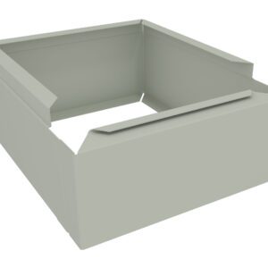 A 3D rendering of a square, open-top, gray-green box with four raised sides and a folded design.