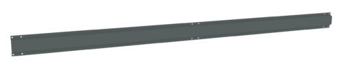 yonzvpaxpfcnvlz9mxkf.jpg A long, narrow, rectangular metal bracket with evenly spaced holes for mounting is shown. The bracket is dark gray and appears to be used for support or reinforcement in construction or shelving systems.