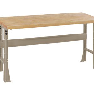 A sturdy workbench with a light brown wooden top and gray metal legs and frame, featuring adjustable height options. The design is simple and functional, suitable for various workshop or garage environments.