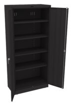 A black metal storage cabinet with two doors, one open and one partially closed, revealing five adjustable shelves inside. The cabinet is empty, and its sleek design is suitable for office or industrial use.