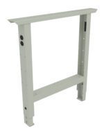 Metal adjustable leg frame with a rectangular top bar, vertical side supports, and a horizontal base connecting both legs. It has pre-drilled holes for assembly and a light gray finish.