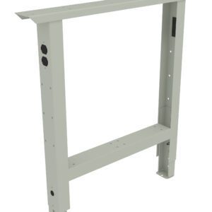 Metal adjustable leg frame with a rectangular top bar, vertical side supports, and a horizontal base connecting both legs. It has pre-drilled holes for assembly and a light gray finish.