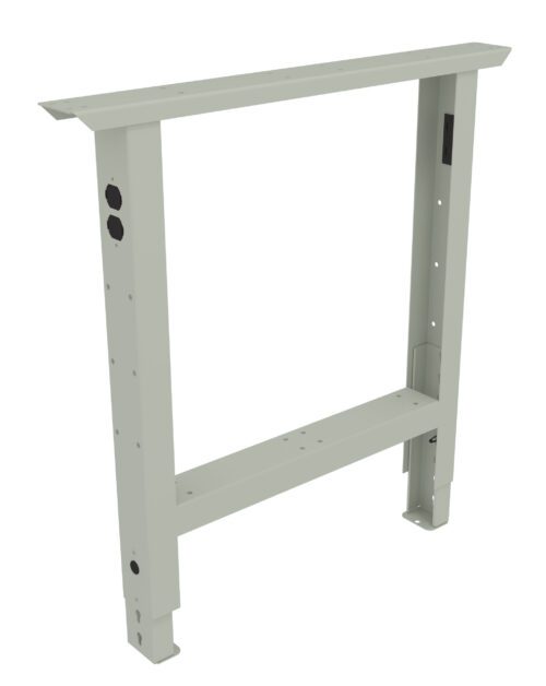 Metal adjustable leg frame with a rectangular top bar, vertical side supports, and a horizontal base connecting both legs. It has pre-drilled holes for assembly and a light gray finish.