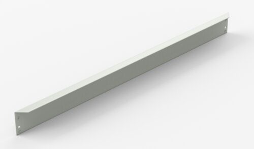 A long, slender, metallic bracket with a rectangular shape and two holes at each end is displayed against a plain white background. The bracket appears light gray in color.