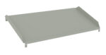 A flat, rectangular metal tray with slightly raised edges and small support tabs at each corner. The tray is a muted grayish-green color.