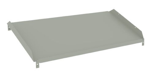 A flat, rectangular metal tray with slightly raised edges and small support tabs at each corner. The tray is a muted grayish-green color.