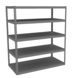 A five-tier, gray metal shelving unit with adjustable racks, suitable for storage or organizational purposes. The shelves are evenly spaced, and the design is simple and industrial.