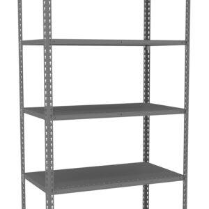 A gray, five-tier metal shelving unit with open sides and a simple, industrial design. Suitable for storage or organizing items, it has evenly spaced shelves and perforated supports for adjustable height options.