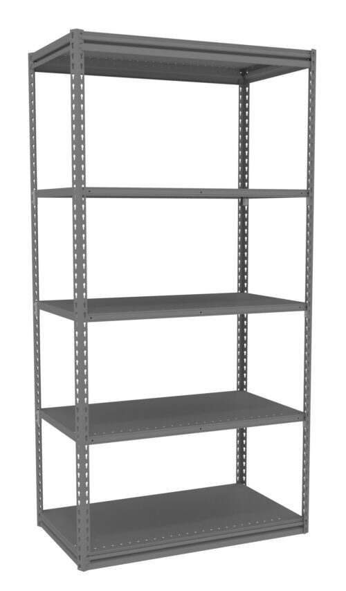 yqbnimm3gd14wpnywz1j.jpg A gray, five-tier metal shelving unit with open sides and a simple, industrial design. Suitable for storage or organizing items, it has evenly spaced shelves and perforated supports for adjustable height options.