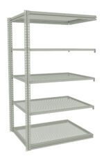 Gray metal shelving unit with adjustable perforated shelves, standing empty. The shelving has four tiers and open sides, suitable for organizing or storing items in various settings like garages or warehouses.