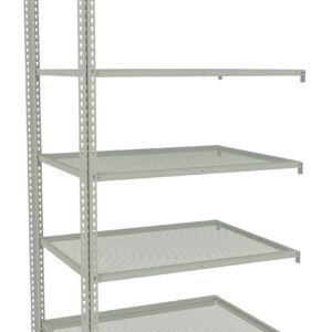Gray metal shelving unit with adjustable perforated shelves, standing empty. The shelving has four tiers and open sides, suitable for organizing or storing items in various settings like garages or warehouses.