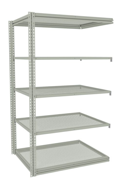Gray metal shelving unit with adjustable perforated shelves, standing empty. The shelving has four tiers and open sides, suitable for organizing or storing items in various settings like garages or warehouses.