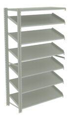 A tall, metal shelving unit with seven gray shelves, evenly spaced. The structure is open on the sides and designed for storage purposes, with each shelf slightly slanted. The background is plain white.