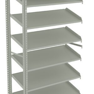 A tall, metal shelving unit with seven gray shelves, evenly spaced. The structure is open on the sides and designed for storage purposes, with each shelf slightly slanted. The background is plain white.