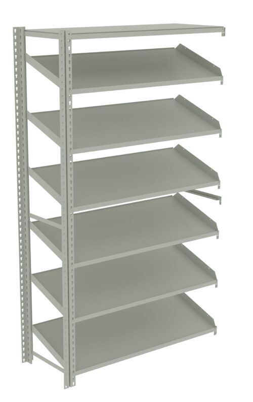 yqfmrcwi62eqez1e20us.jpg A tall, metal shelving unit with seven gray shelves, evenly spaced. The structure is open on the sides and designed for storage purposes, with each shelf slightly slanted. The background is plain white.