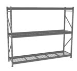 Metal storage rack with three ventilated shelves and sturdy frame, designed for organizing items in garages or warehouses. The shelves are evenly spaced, and the rack has a minimalist, industrial appearance.