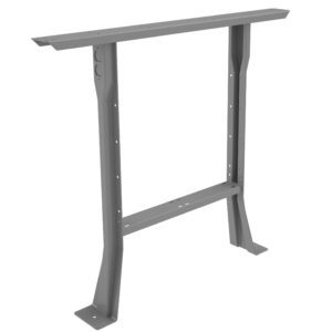 A metal table frame with a rectangular top support and two vertical legs. The legs have wide bases with bolt holes for securing to the floor. The design is simple and industrial.